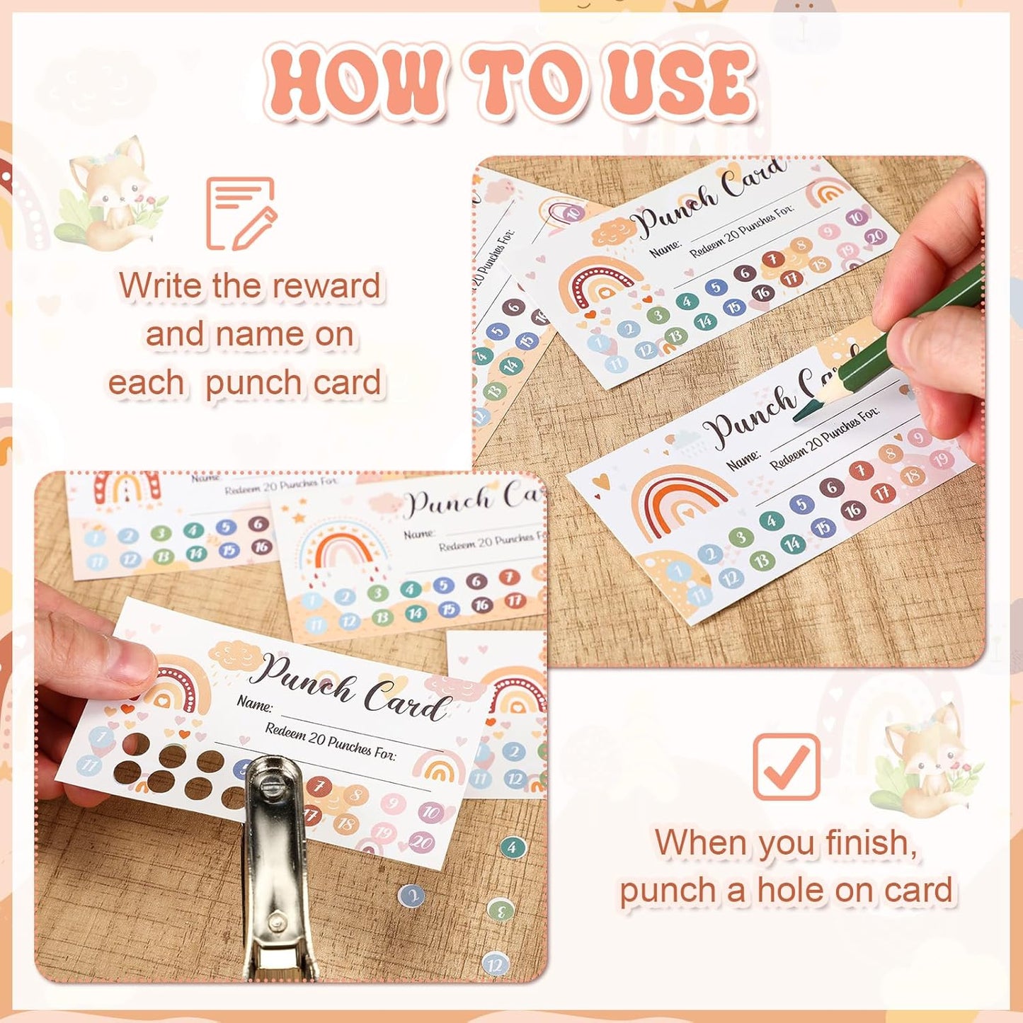 Fumete 400 Pcs Punch Cards for Classroom Reward Cards Behavior Incentive Loyalty Awards for Kids Students Teachers School Business, 8 Styles, 3.5 x 2 in(20 Boho Punches Style)