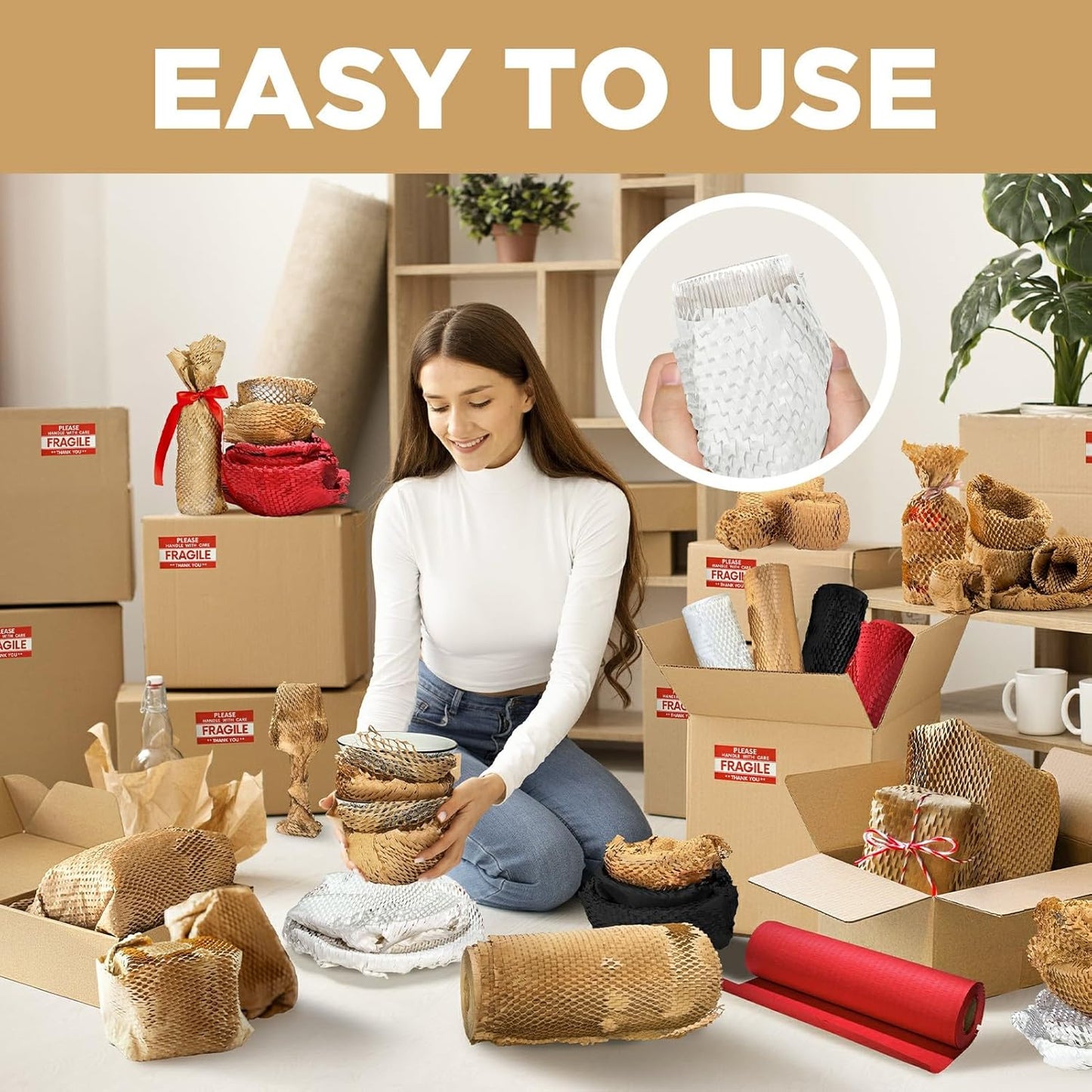 Honeycomb Packing Paper, 12"x50' White | Perforated Honeycomb Packing Paper Recyclable Moving Supplies for Shipping & Moving | Plastic-Free Alternative to Bubble Cushion Wrap with 36 Fragile Stickers