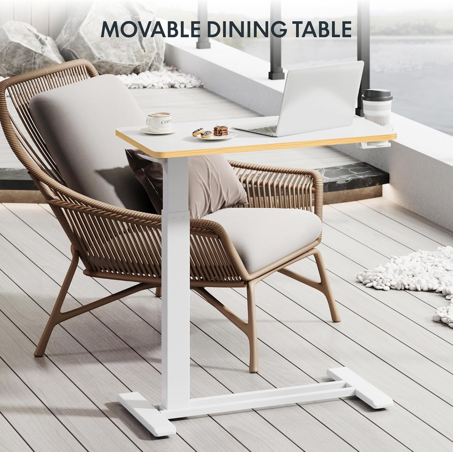 FLEXISPOT Mobile Standing Desk with Wheels Pneumatic Laptop Desk Rolling Computer Cart Movable Height Adjustable Small Sit Stand Desk Computer Workstations Home Use（27.6" W x 15.7" D,White+Maple