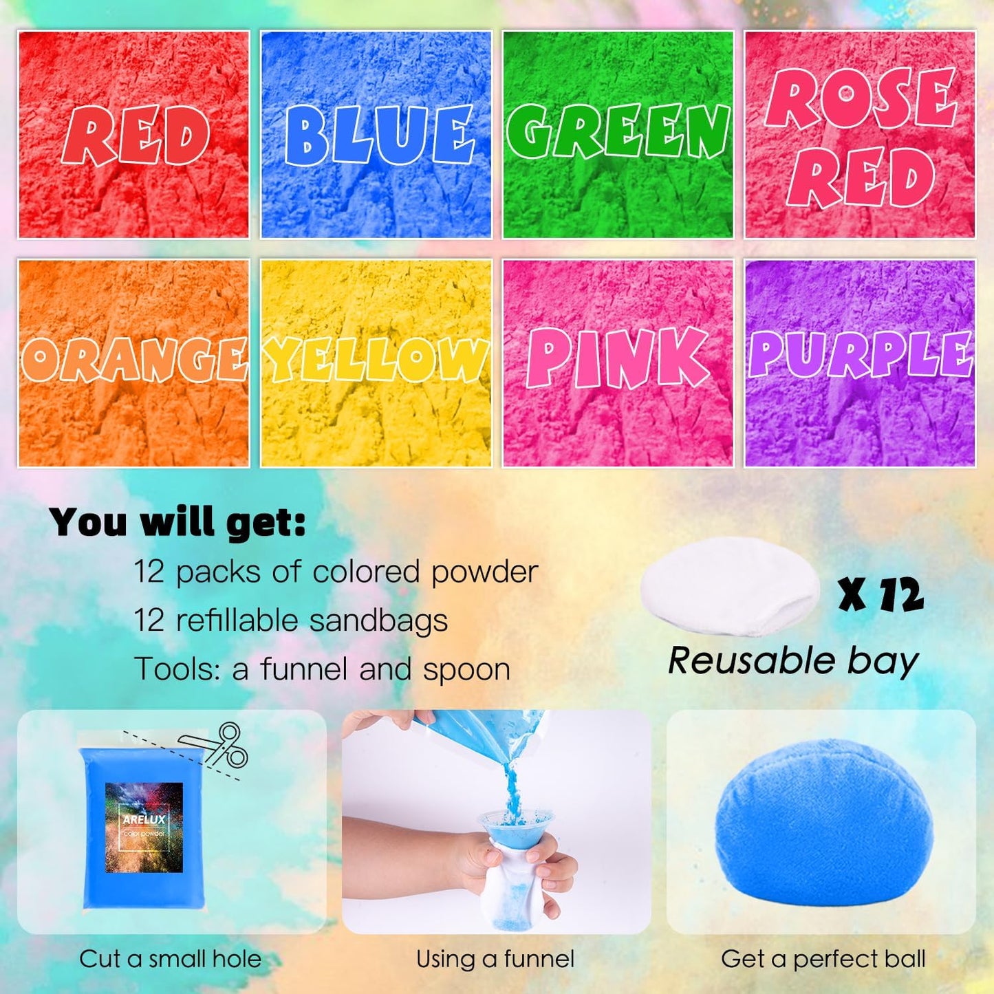 ARELUX Holi Powder Color Run Powder Balls 12 Pack 80g Each Natural, Throwing Balls of Washable Chalk Powder Paint for Color War, Rangoli, Fun Run, Party & Festival