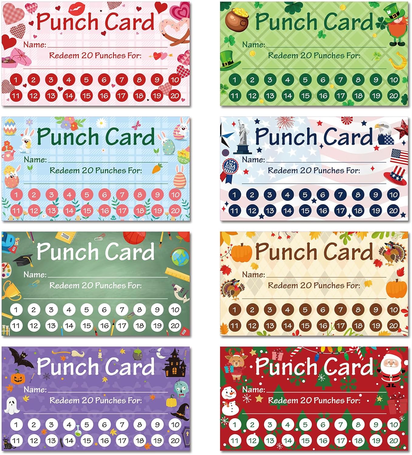 Fumete 400 Pcs Punch Cards for Classroom Reward Cards Behavior Incentive Loyalty Awards for Kids Students Teachers School Business, 8 Styles, 3.5 x 2 in(20 Holiday Punches Style)