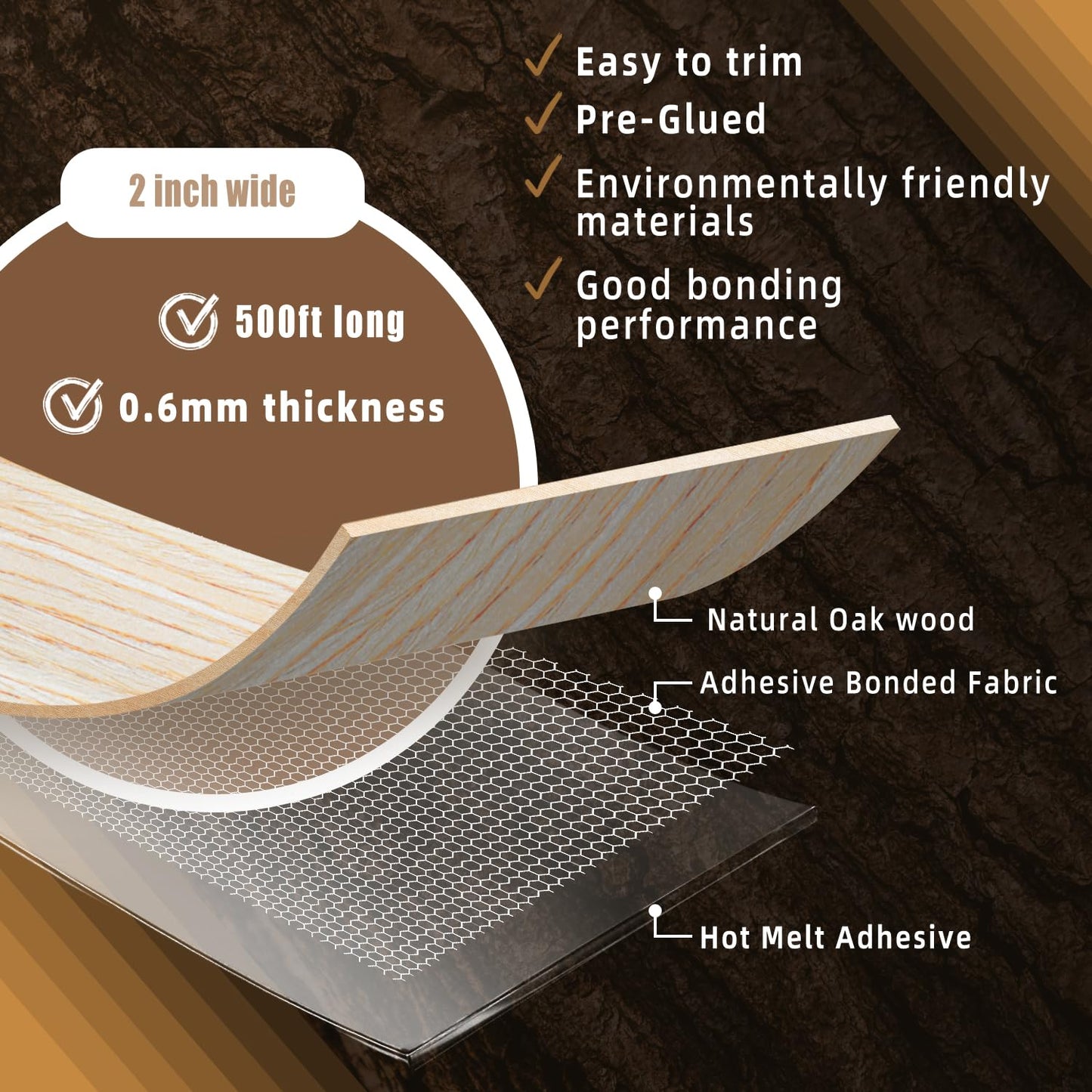 GSCIT Club Oak Edge Banding, 2 inch x 500ft roll of Veneer Edge Banding Preglued Flexible, Wood Tape Banding for Repair Furniture