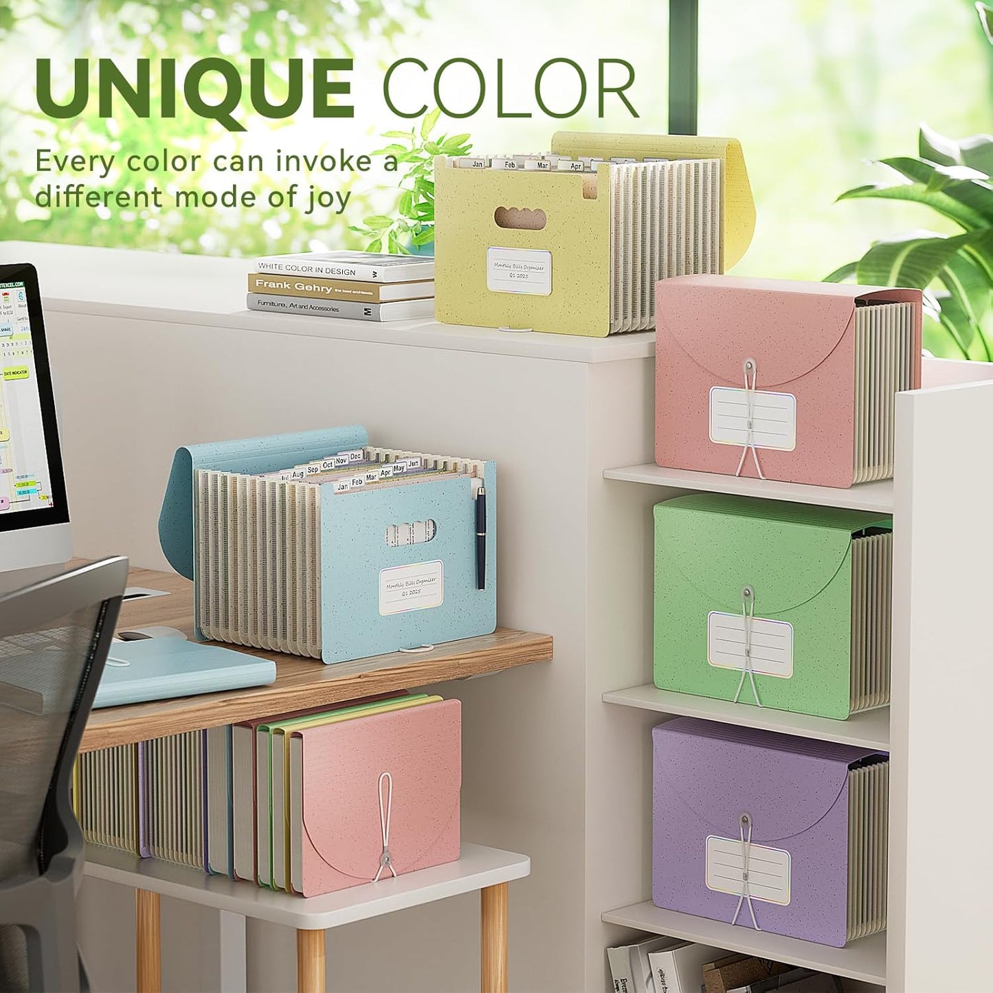 Accordion File Organizer, 13 Pockets Wheat Straw Expanding File Folder, Portable Monthly Paper Bill Tax Receipt Organizer, Letter A4 Size Document Holder with Colorful Tab-Lavender Purple