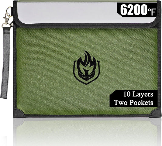 2 Pockets Fireproof Document Bag 6200°F, 10 Layers Waterproof Fireproof Money Bag for Cash with Reflective Strip, Heat Insulated Waterproof Document Holder Pouch, Fire Safe Storage, 14.7”x 11.2”
