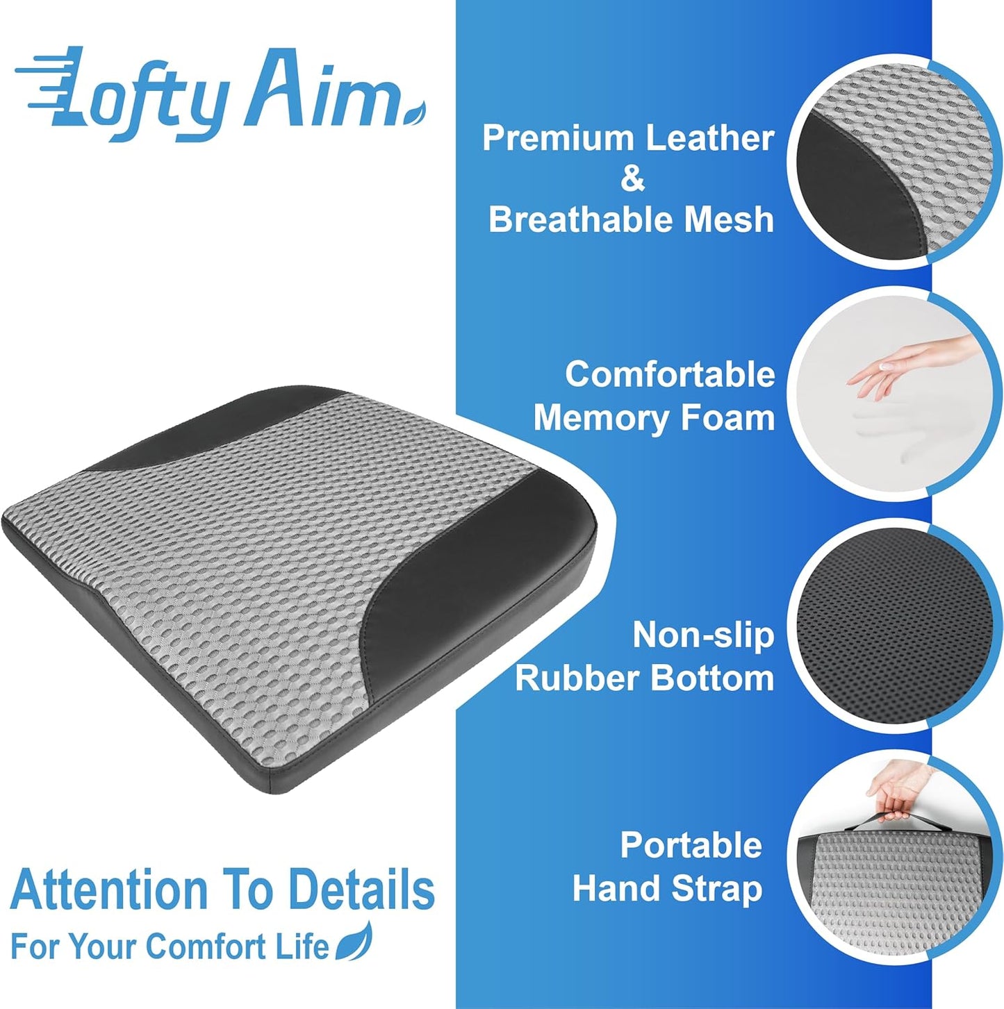 Car Seat Cushion, Comfortable Memory Foam Seat Pillow for Driving, Sciatica-Back Pain Relief, Cushion for Car-Truck, Office, Wheelchair - Black&Gray