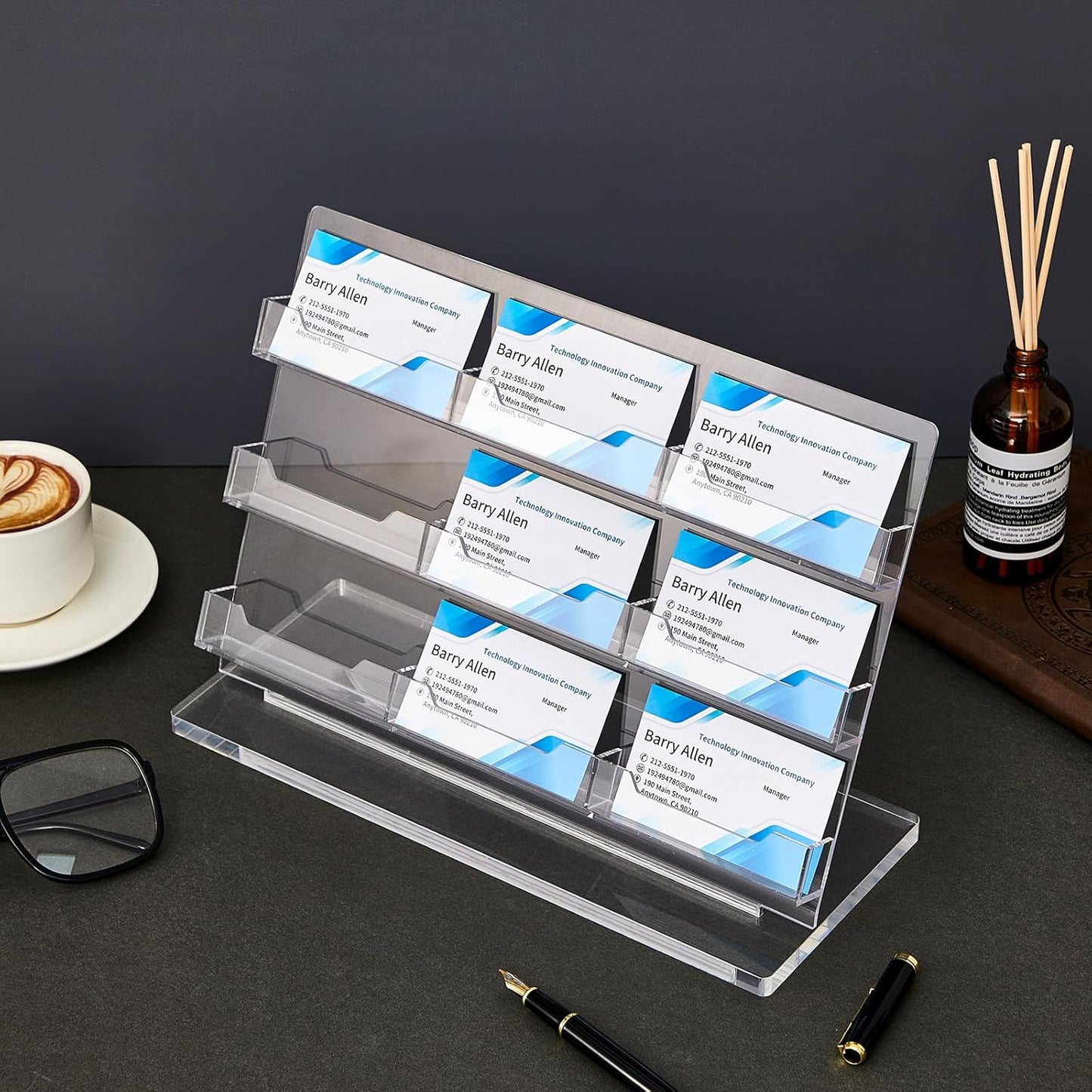 Business Card Holder for Desk 9 Slots Freestanding Acrylic Business Card Holder Display Stand Multiple Organizer for Office Meeting Exhibition Home