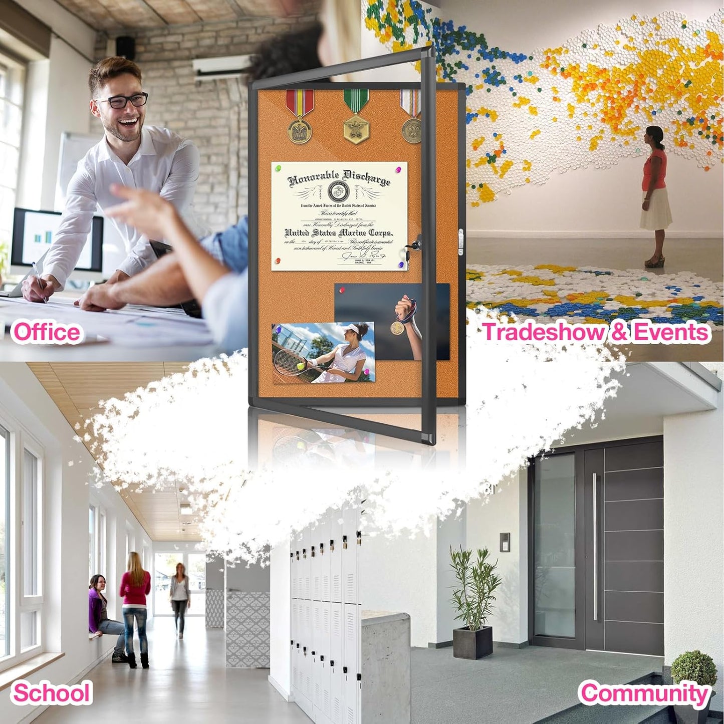 Enclosed Bulletin Board, Cork Noticeboard Board with Clear Acrylic Locking Door, Wall-Mounted Display Case for Indoor, Message Board 36x24in (5xA4)