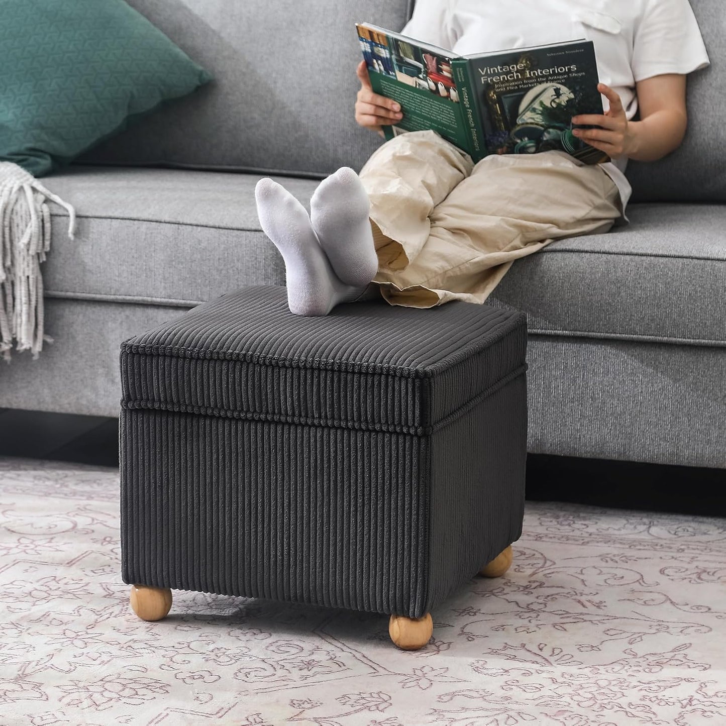 Adeco 17 Inch High Striped Flannel Black Cube Ottoman Storage, 3D Embossed Velvet Chair Foot Stools, Upholstered Vanity Stool with Hinged Lid, Solid Round Wood Legs