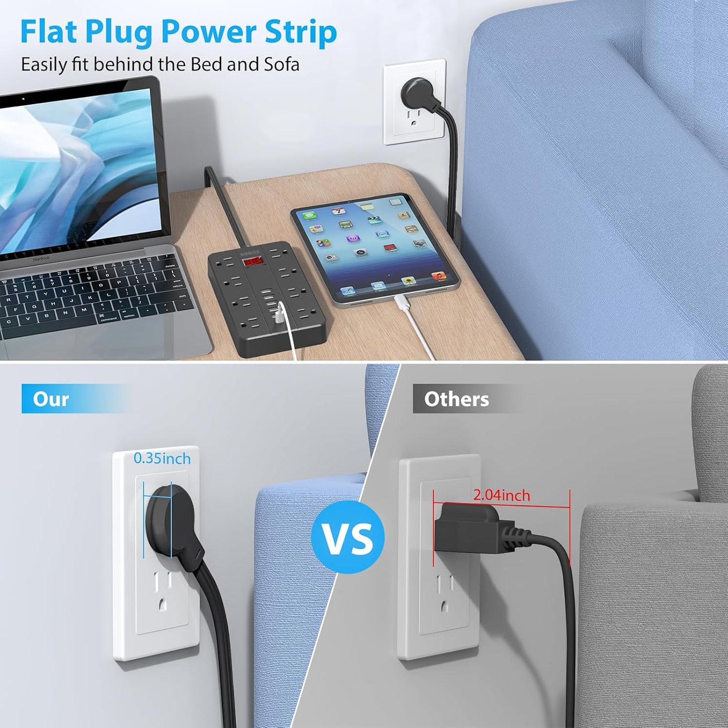 10 Ft Extension Cord Surge Protector, SMNICE 8 Widely Spaced Outlets and 6 USB (1 USB C) Charging Ports Flat Plug Power Strip, Desktop Power Cord for Travel Home Office Accessories Black