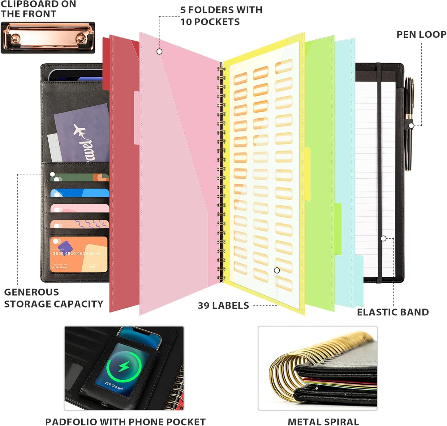 Clipboard with Storage for Men Women, Leather Padfolio Portfolio Organizer 5 Folders with 10 Pockets, Spiral Clipboard Folio with Notepad for Letter Size, Elastic Closure and Pen Loop Black