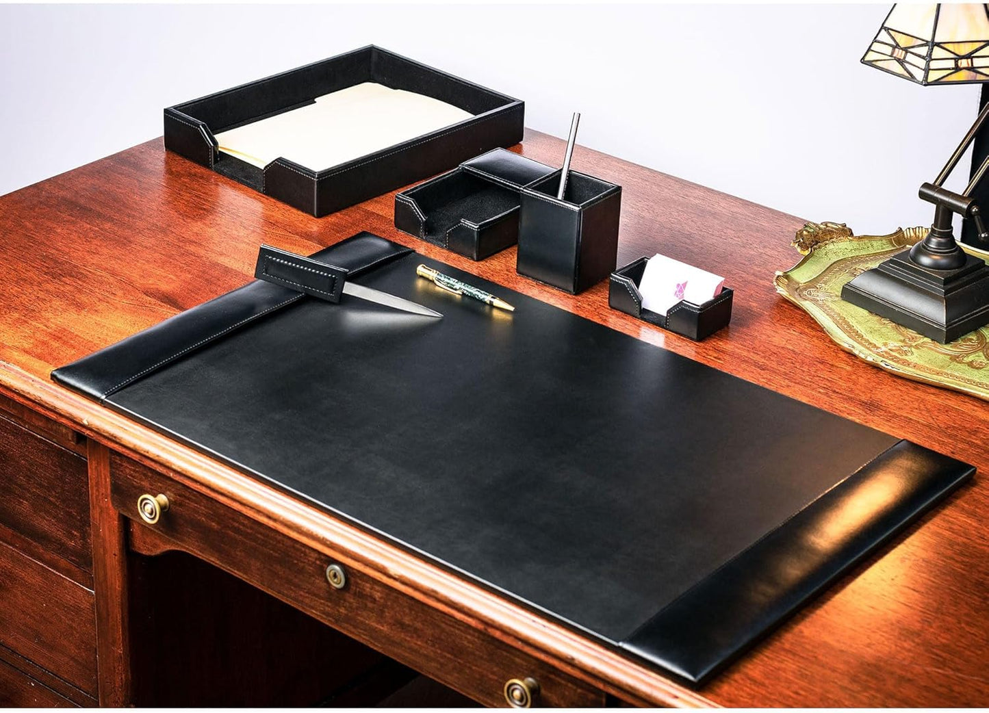 Dacasso 6 Piece Black Bonded Leather Luxury Desk Accessory Set - Desk Pad & Organization Essentials