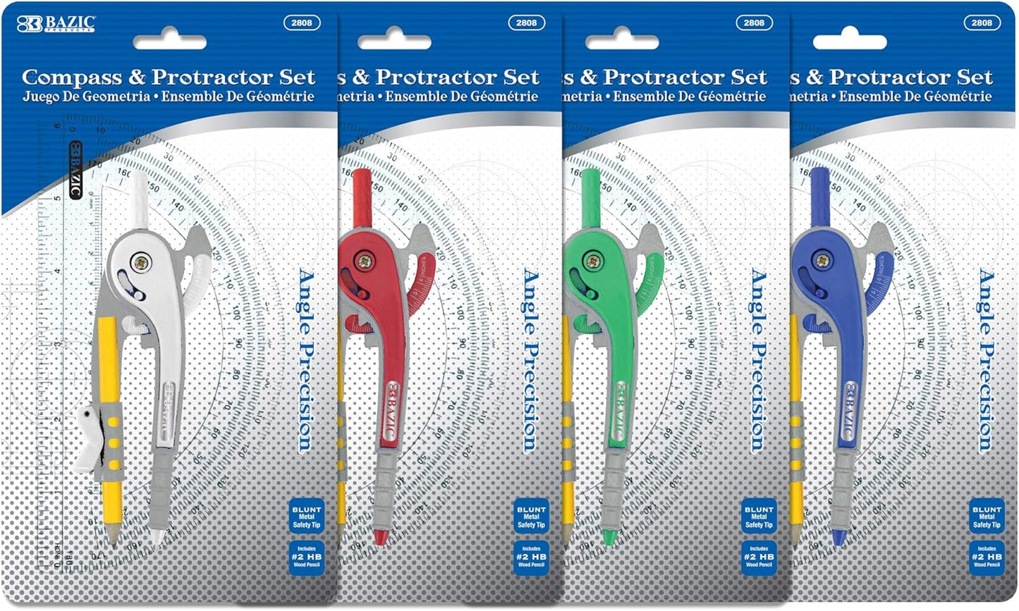 BAZIC Geometry Math Compass Set w/Scale-Arm, 6" Protractor, & HB Wood Pencil, Inch Centimeter, Mathematical Drafting Drawing Tool for Student, 1 UNIT, RANDOM COLOR
