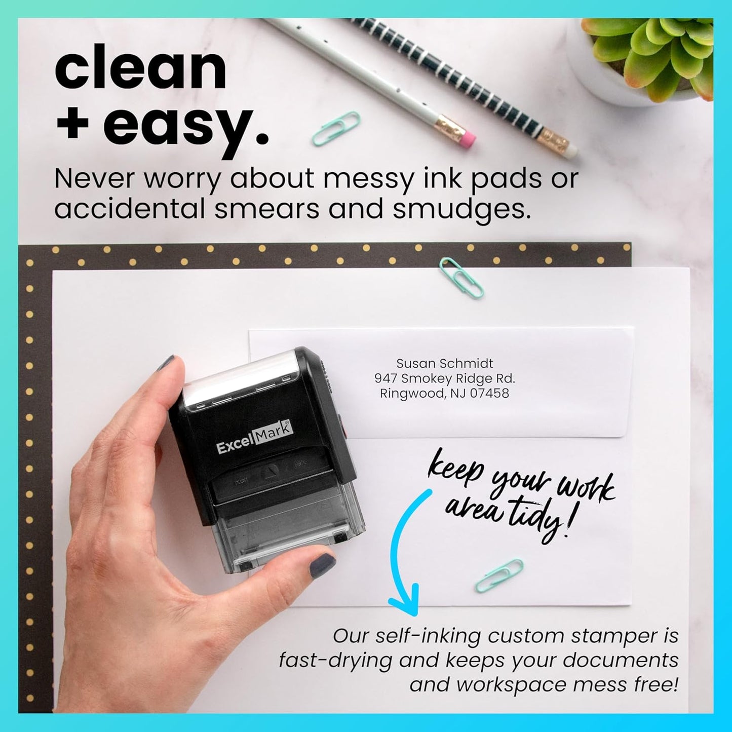ExcelMark Custom Stamp – Clear & Crisp Impressions – Personalized Self-Inking Rubber Stamp – Use for Address Stamp and More (Medium)
