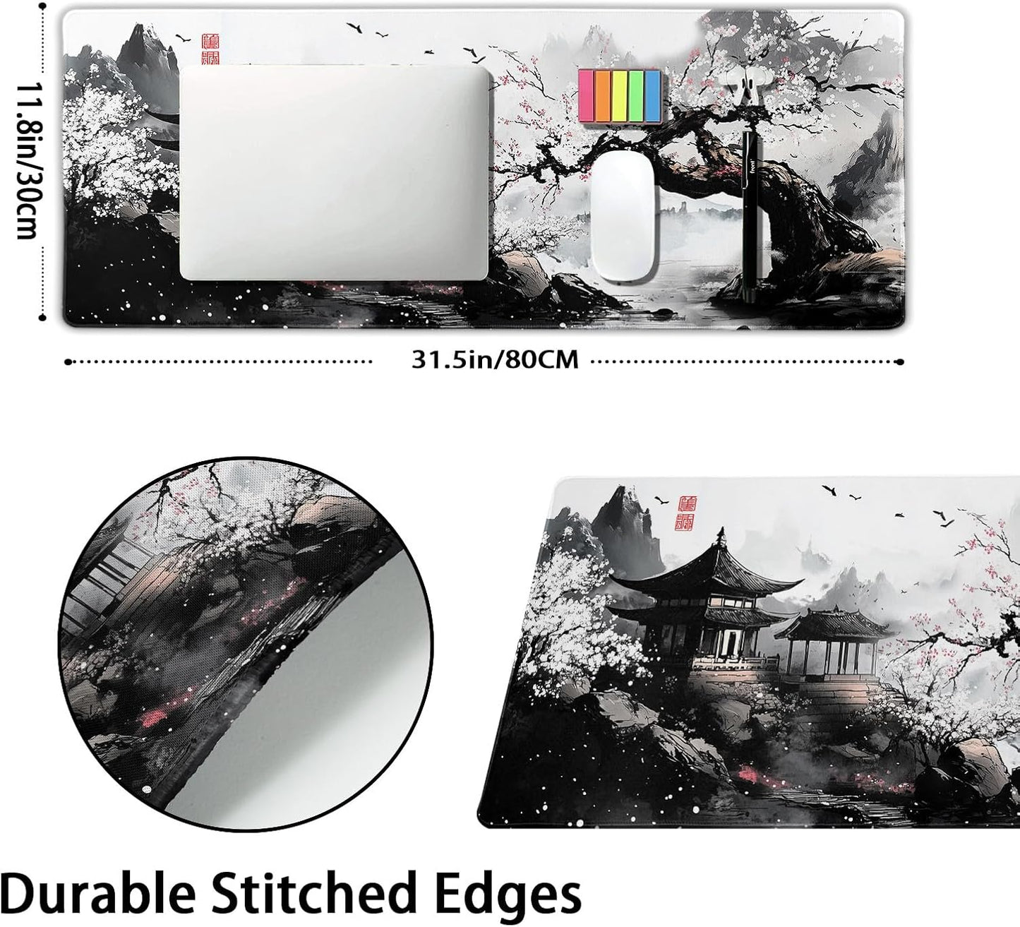 Black Whtie Japanese Gaming Mouse Pad XL Anime Sakura Cherry Blossom Tree Extended Large Mat Mousepad Desk Pad Non-Slip Rubber Base Stitched Edge Long Keyboard Pad for Computer,31.5×11.8 Inch