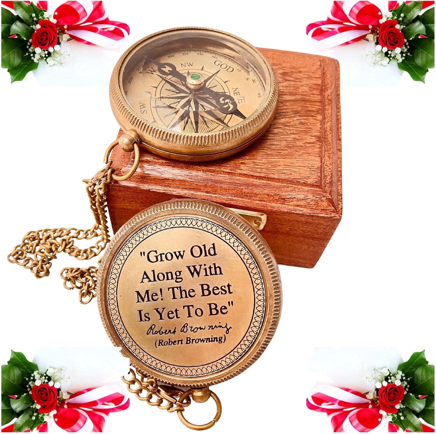 Gift for Husband Wife - Brass Compass 2" | Engraved Quote Birthday Wedding Anniversary Christmas Romantic Love Gifts idea for Boyfriend Girlfriend Men Women Him Her (Grow Old Along with Me)