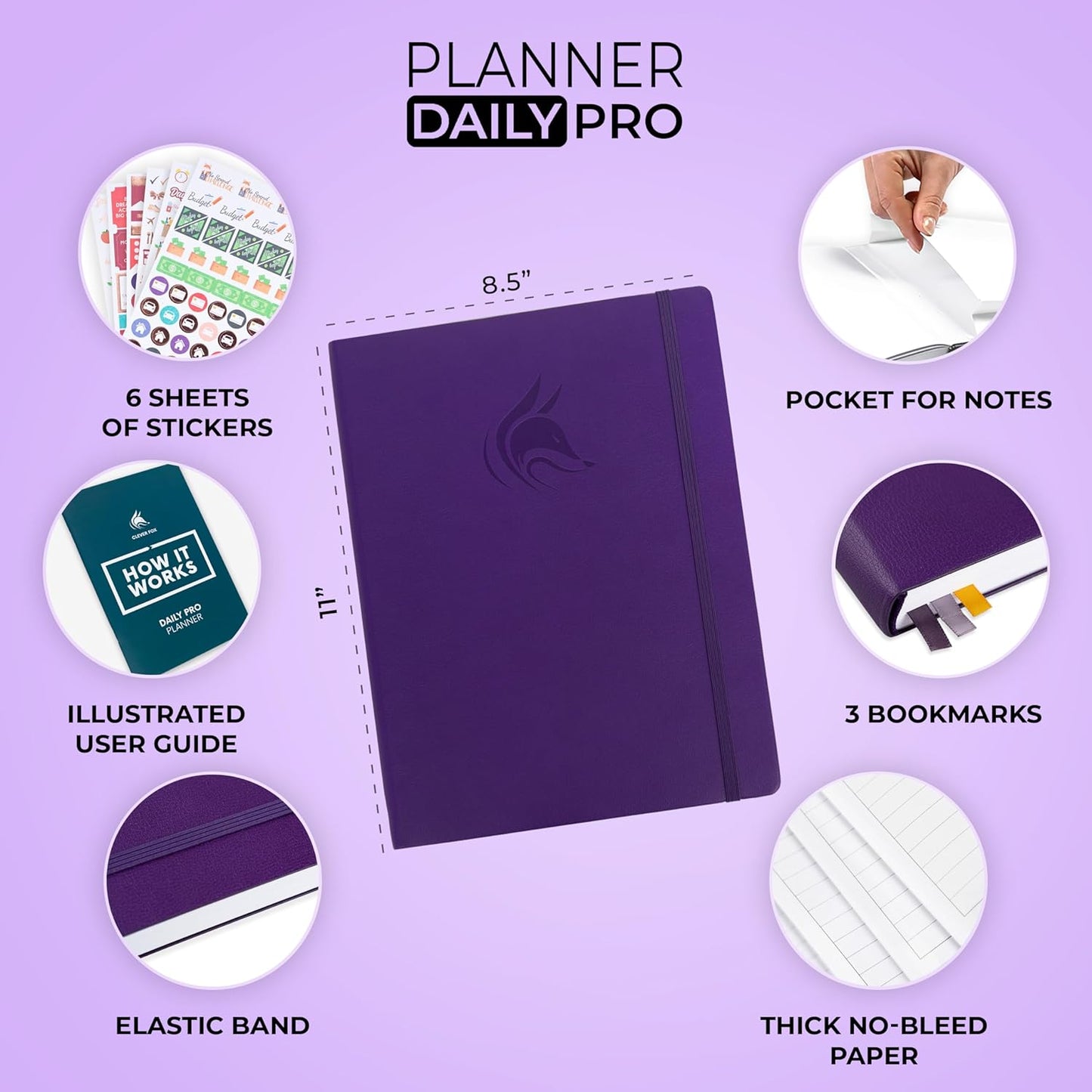 Clever Fox Planner Daily PRO - 8.5 x 11" A4 Size Daily Life Planner and Gratitude Journal to Increase Productivity, Time Management and Hit Your Goals - Undated - Lasts 3 Months (Purple)