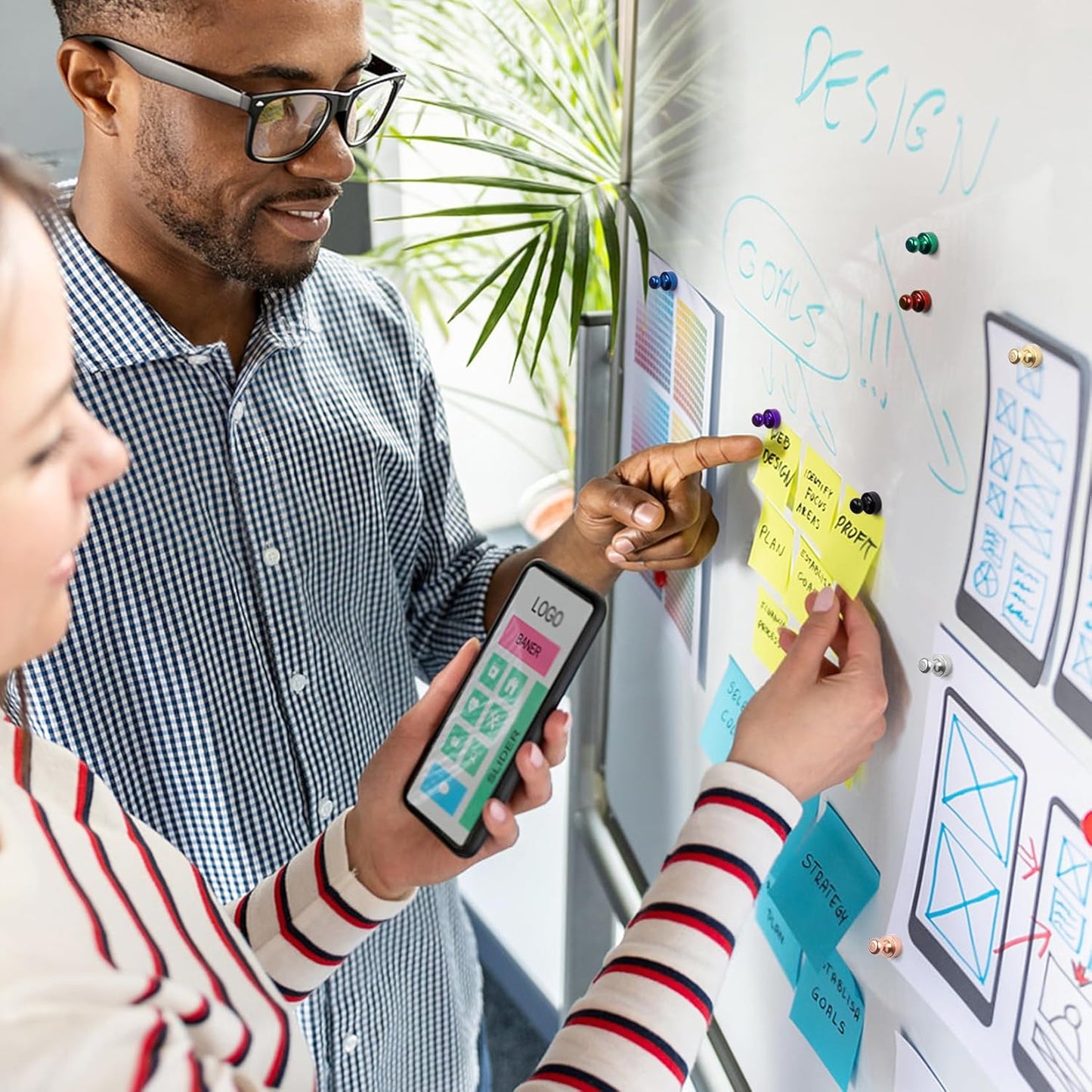 Circle Whiteboard Magnets for Fridge, Tiny Cute Refrigerator Magnets Strong, Magnetic Push Pins for Bulletin Board, Desk Accessories, Kitchen Decor, Crafts, 56 Pack, Blue Metal