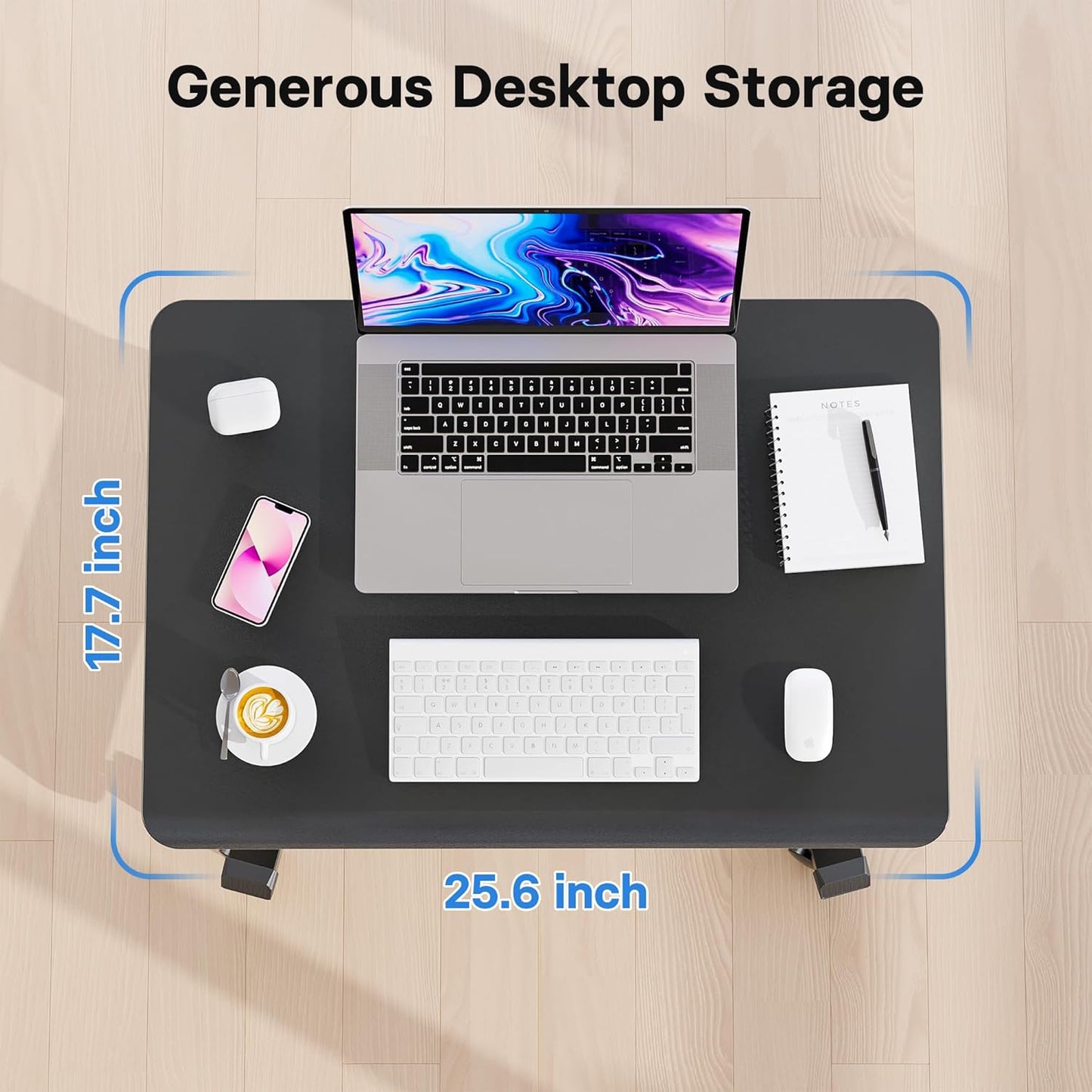 BONTEC Mobile Standing Desk Adjustable Height, Rolling Laptop Cart with Hook, Portable Workstation with Pneumatic Lift, Ergonomic Table with Wheels, Compact Home Office Desk, Black 25.6" x 17.7"