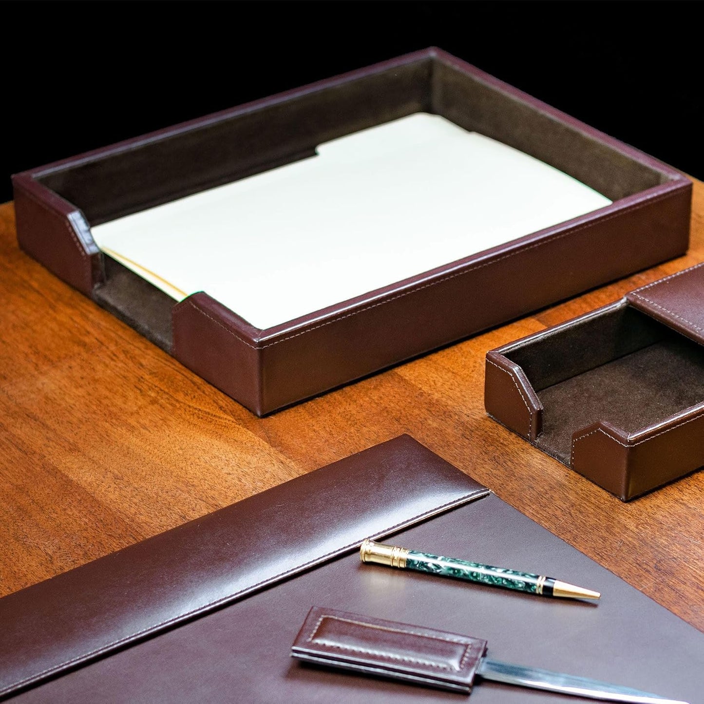 Dacasso Dark Brown Bonded Leather Luxury Letter Tray Holder - Paper Organizer for Desktop Office Essentials & Executive Desk Decor