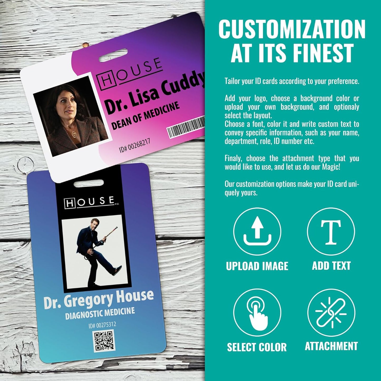 Custom Print Employee ID Badge, Double Sided with Name, Photo, Logo, and Barcode – Unique Photo ID Card Solution (ID Vertical)