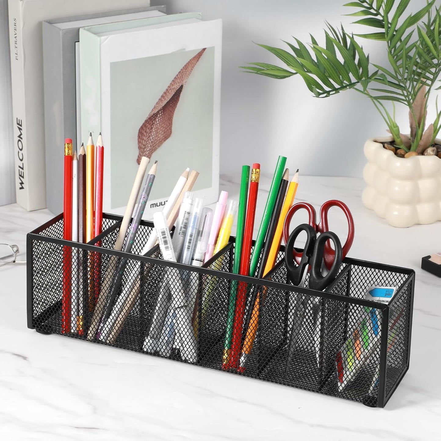 2 Pcs Black Metal Mesh Desk Organizer Pen Holder 6 Compartments Pencil Holder for Desk, pen organizer for Office Supplies, Pencil Caddy, Makeup Brush Storage, Home and Classroom Accessories