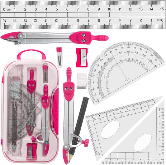 Geometry Set Maths Compasses for Grade Students Back to School Supplies with Compasses Protractor in Carry Case, Pink