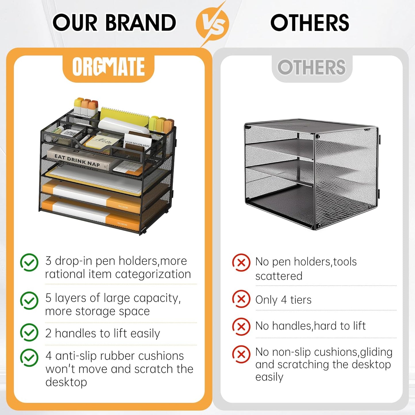 5 Tier Paper Letter Tray with 3 Drop-in Pen Holders, Mesh Desk File Organizer with Handle, Desk Organizers and Accessories for School,Home, Office Supplies Storage-Black