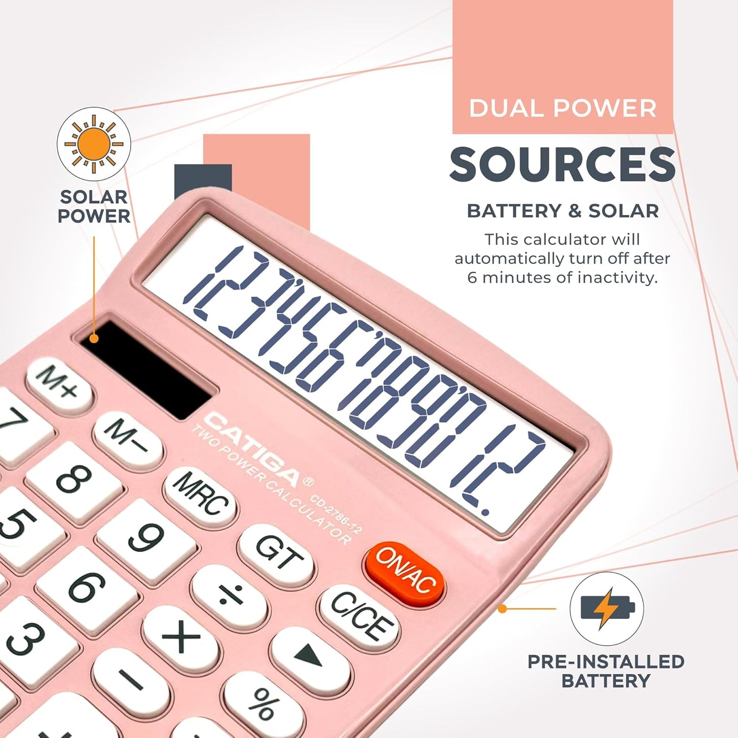 CATIGA 12 Digits Desktop Calculator with Large LCD Display and Sensitive Button, Dual Solar Power and Battery, Standard Function for Office, Home, School, CD-2786(Light Pink)