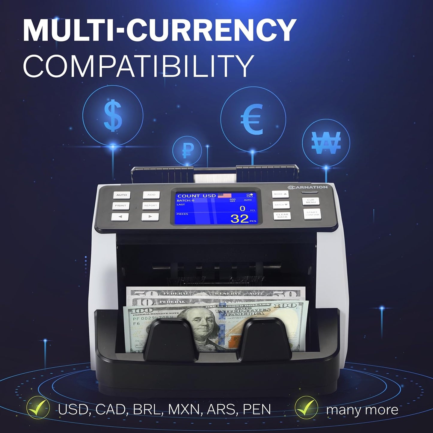 CN5 Money Counter Machine Mixed Denomination Value Counting UV/MG/IR/DD Counterfeit Detection, USD, EUR, MXN, GBP and CAD Business Money Counter