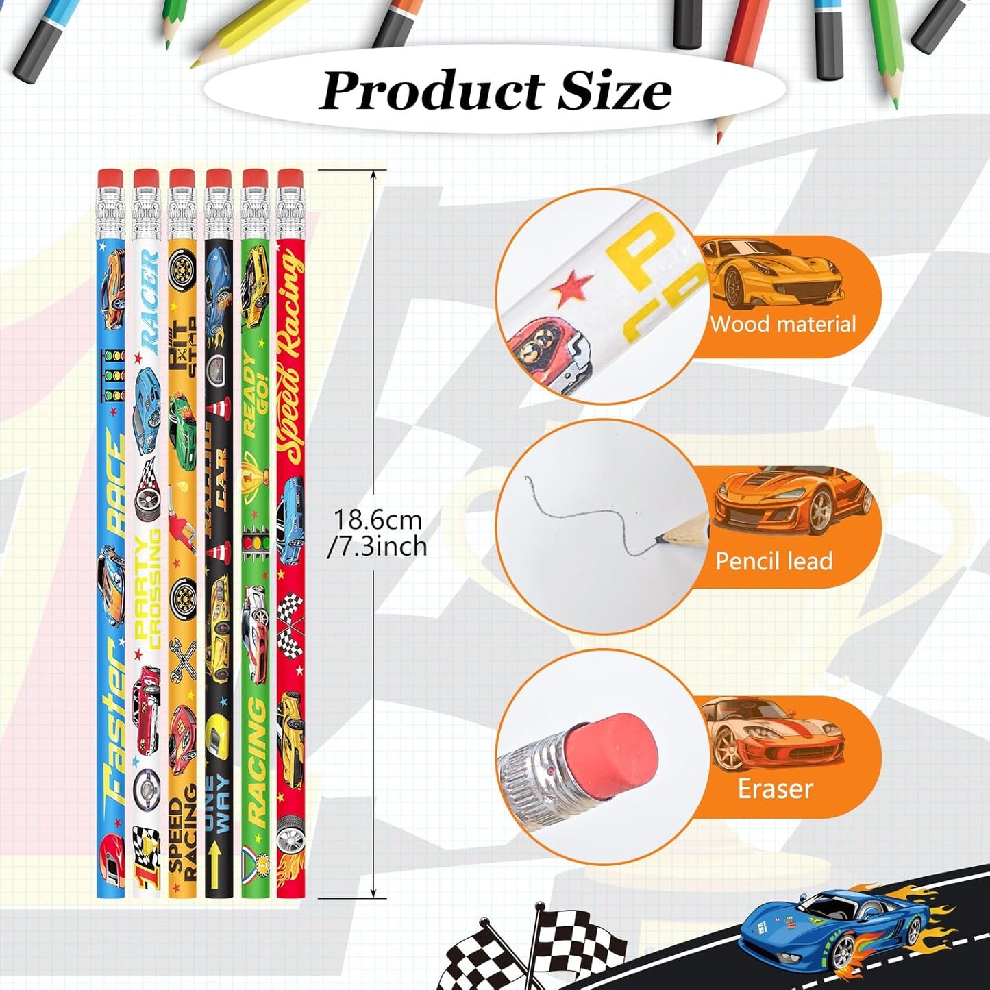 Cinrobiye 100 PCS Racing Car Pencils Race Cars Stationery Pencils Bulk with Eraser for Car Themed Birthday Party Favors Supplies School Classroom Office Giveaways Prizes Carnival Prize Game Gifts
