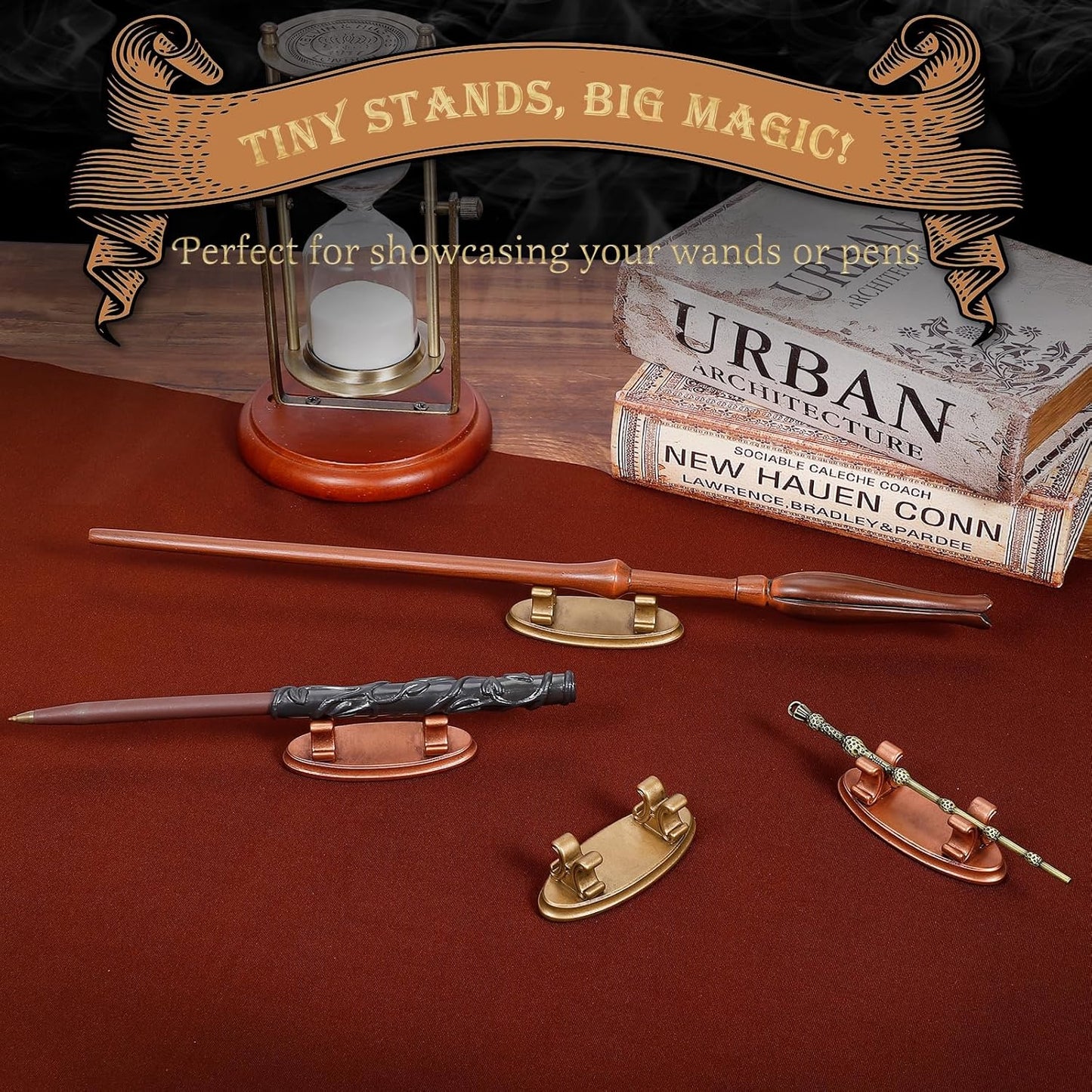4PCS Resin Pen Holders Wizard Magic Wand Display Stands Mini Holders for Pencil Desk Decor Collection, 2.8'' L×1.1'' W× 0.9'' H, Gold & Rosegold