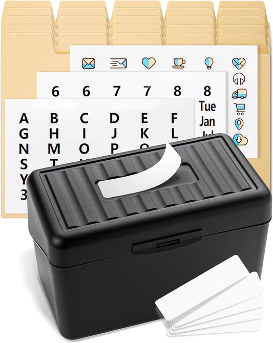 Index Card Box 3x5 - Recipe Box with Manila Dividers & Stickers - Premium Index Card Holder Ideal as Business Card Organizer, Recipe Card Box, Index Card Organizer, Flash Card Holder