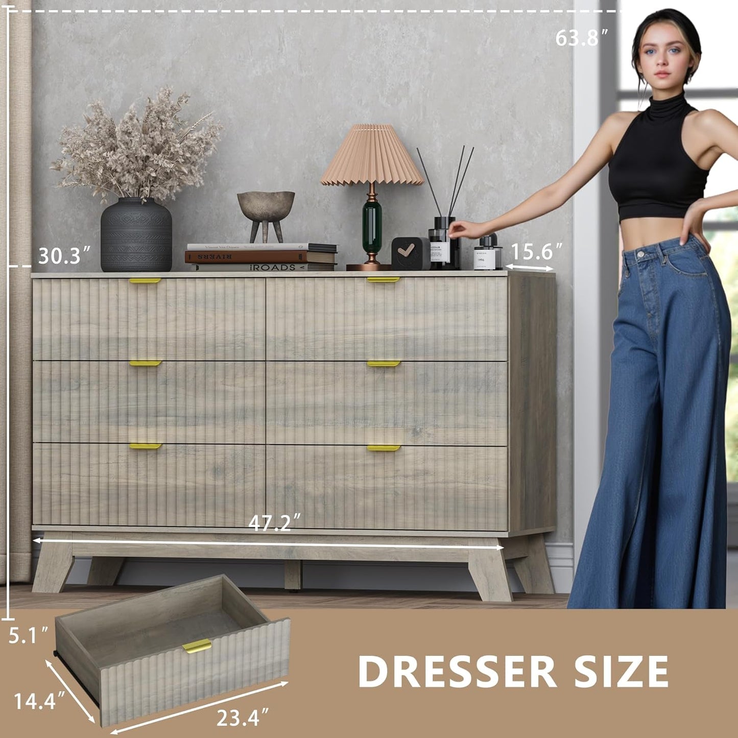 Fluted 6 Drawer Dresser, 47.2" Wide Modern Boho Chest of Drawers, Wooden Storage Dresser TV Stand for Bedroom, Living Room, Closet, Hallway, Curved Profile Design