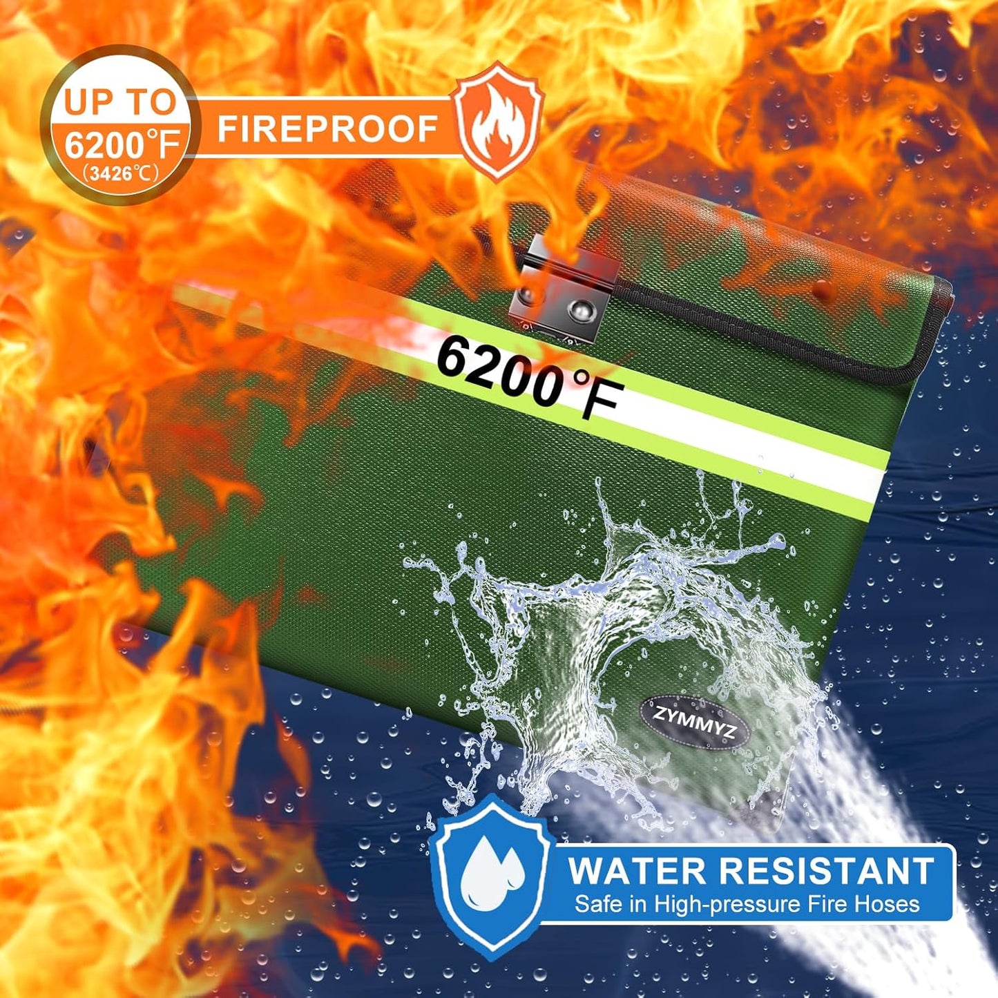 6200°F Fireproof Money Bag with Lock,9 Layers of Heat Insulated Materials,Upgraded Fireproof Zipper/Reflective Strip,Water Resistant Fire Proof for Cash,A5 documents（Not Suitable for A4 Files）