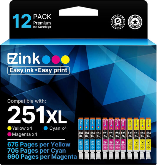 E-Z Ink Compatible Ink Cartridge Replacement for Canon CLI-251XL CLI 251 to use with PIXMA MX922 IP7220 MG5520 MG5420 IX6820 IP8720 MG7520 MG6320 Printer (4 Cyan, 4 Magenta, 4 Yellow, 12 Pack)