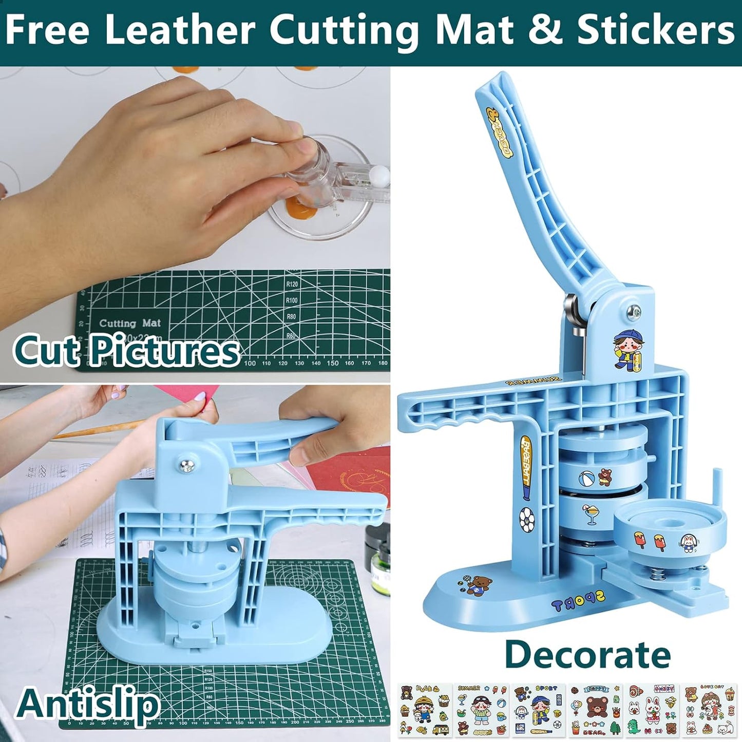 Button Maker Machine Multiple Sizes 1+1.25+2.25inch(4th Gen), DIY Button Pin Maker Machine Kit, Badge Press Machine with 300PCS 25+32+58mm Button Making Supplies& Cutting Mat&Circle Cutter