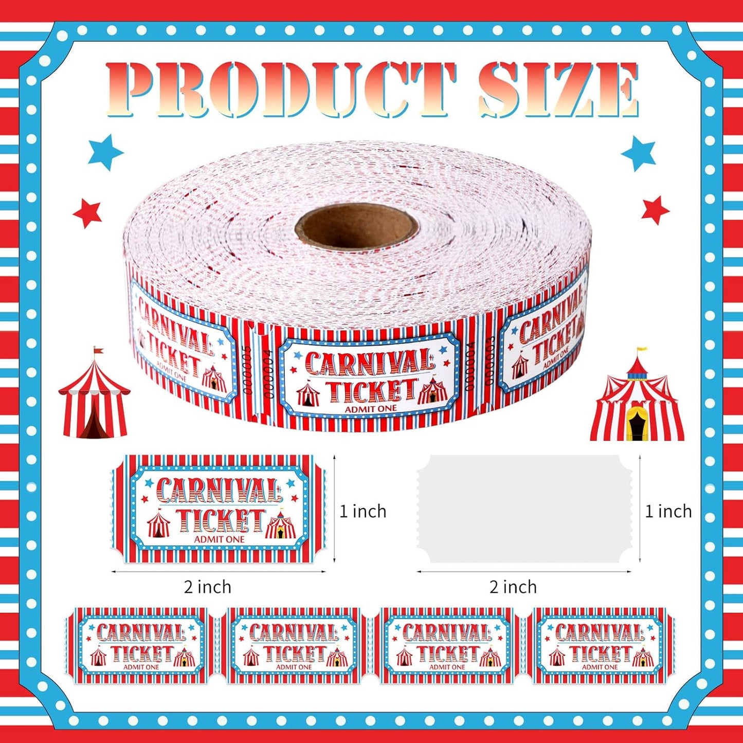 1000 Pcs Carnival Tickets Carnival Theme Party Decorations Circus Red White Blue Color Raffle Tickets Roll Party Ticket for Events Carnival Favors Supplies