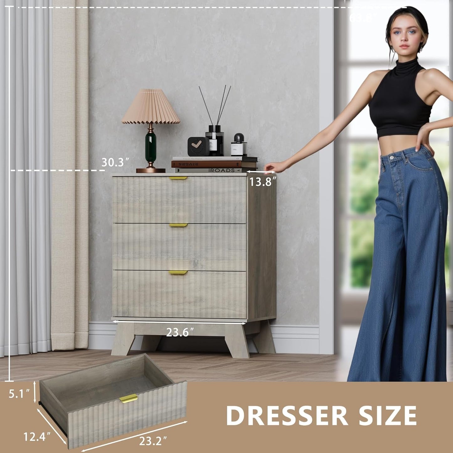 Fluted 3 Drawer Dresser, 30.3" Tall Compact Modern Boho Chest of Drawers, Wooden Storage Cabinet for Bedroom, Living Room, Entryway, Curved Profile Design