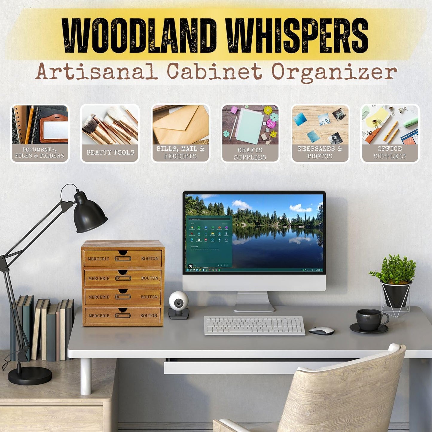 Flexzion Desktop Storage Box with Drawers - Wooden 4 Drawer Organizer Card Catalog Cabinet, No Assembly Required, Pine Wood Vintage Tabletop for Home and Office Accessories