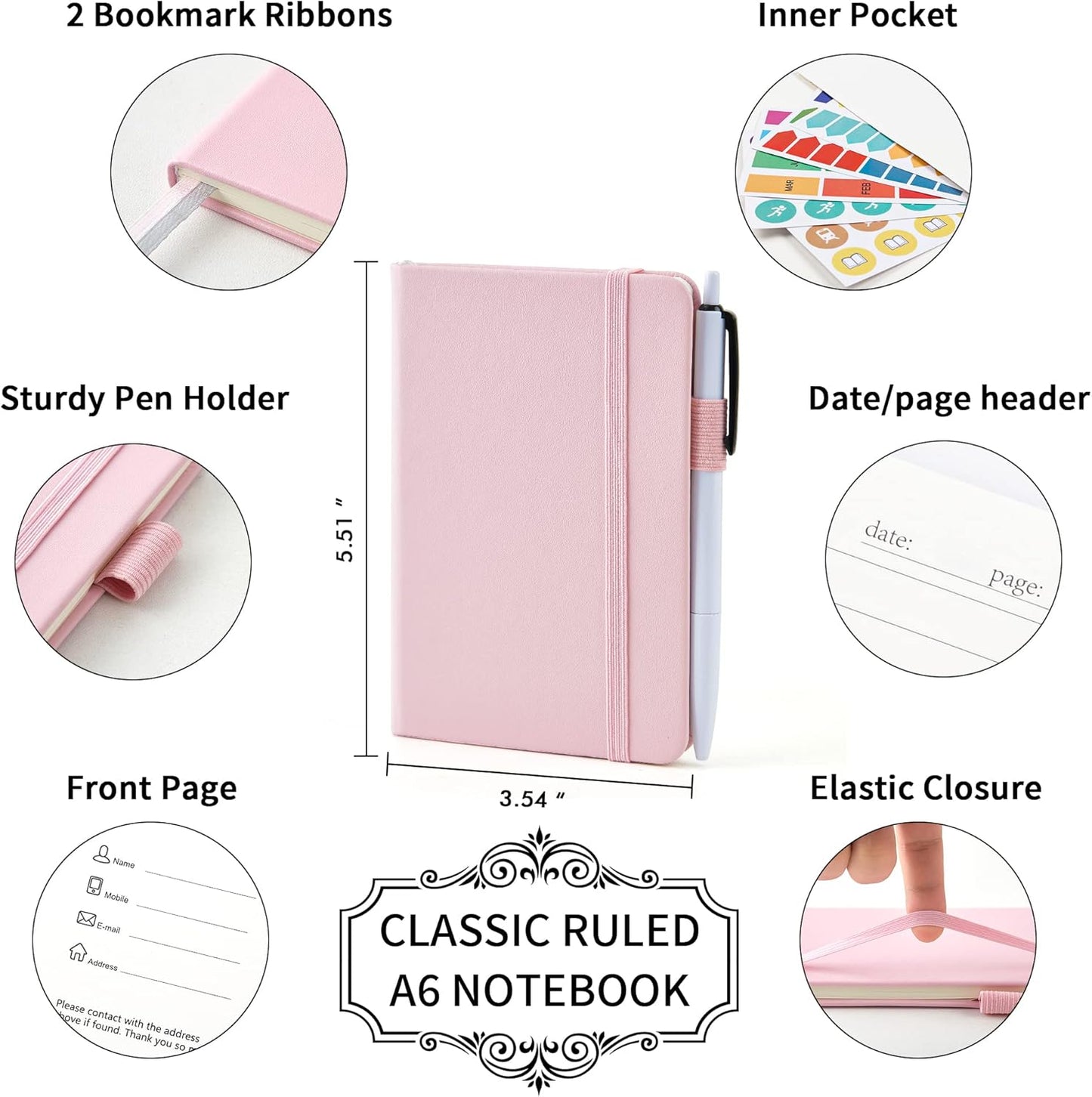 feela 6 Pack Pocket Small Notebooks Bulk, Mini Cute Memo Notepads Hardcover College Ruled Lined Journals with Pen Holder for Women Girls Office School, with 6 Black Pens, 3.5”x 5.5”, A6, Rose Pink