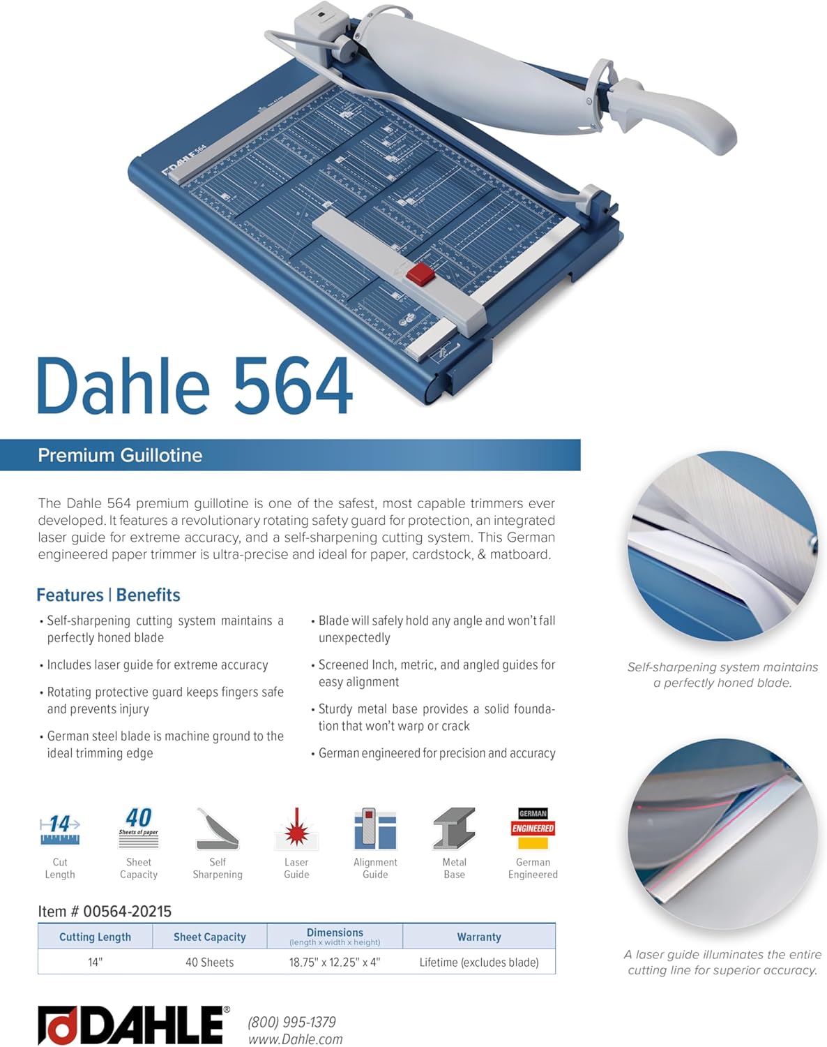 Dahle 564 Premium Guillotine Trimmer w/Laser, 14" Cut Length, 40 Sheet Capacity, Self-Sharpening, Manual Clamp, w/Safety Guard