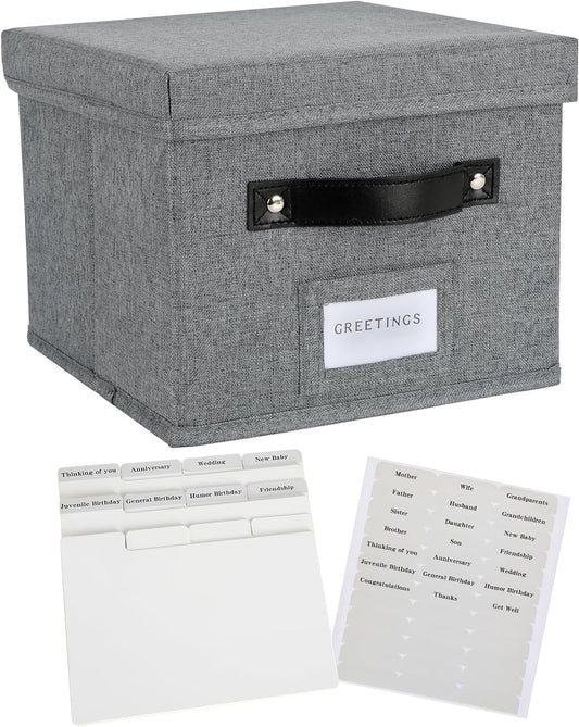 Greeting Card Organizer with dividers - Storage Box with lid Holds 150+ Cards - Assortment Box for Greeting Cards,Recipes, Photos, Envelopes, Keepsake - 9 x 9 x 7 Inches (Gray, 1 pcs)