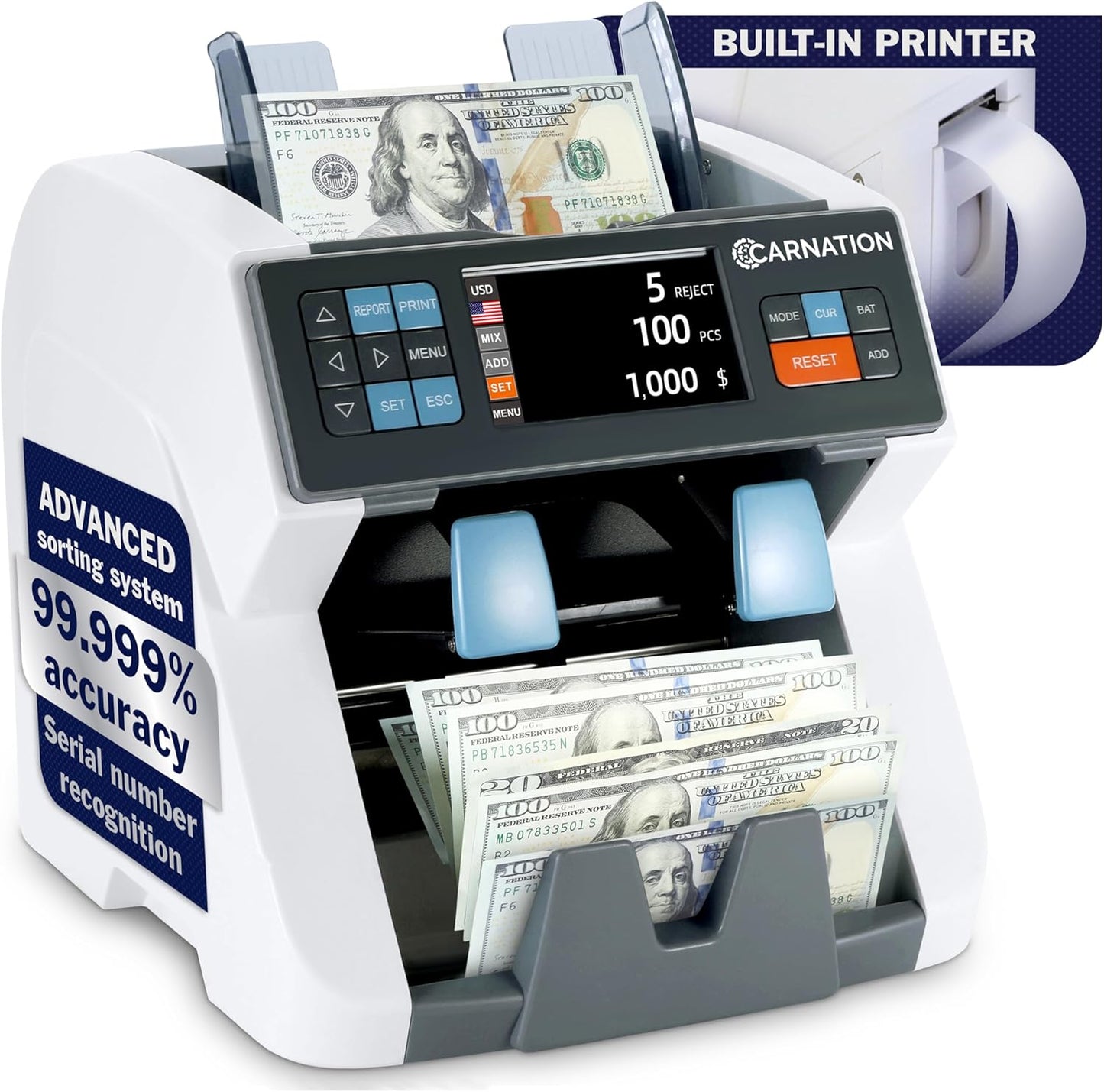Carnation CR8 Mixed Denomination Money Sorter with Built-in Printer – Bank-Grade Bill Counter with Counterfeit Detection, Serial Number Tracking, Multi-Currency Support & 2 CIS Sensors