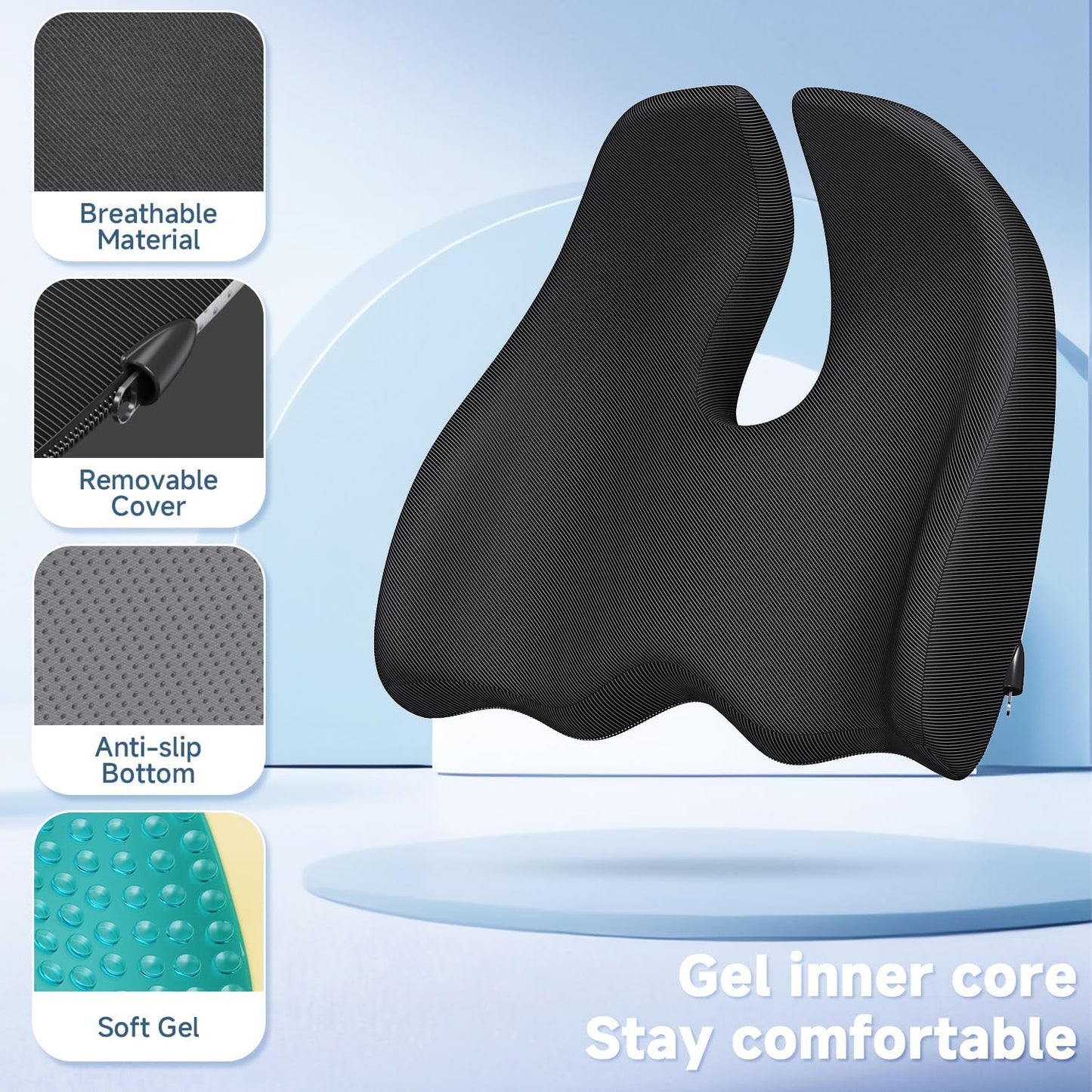 Benazcap X Large Gel Seat Cushion for Office Chair Ergonomic Cushions-Gel & Memory Foam Coccyx Butt Pillow for Sciatica & Back Pain Relief for Long Sitting for Gaming Chair and Car Seat-Black