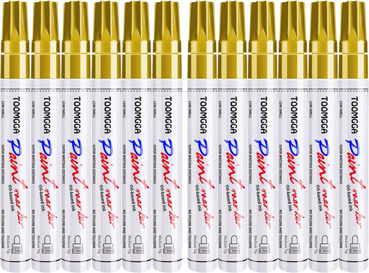 Gold Paint Pens Permanent Paint Markers 12 Pack Oil Based Markers, Quick Drying and Waterproof Marker Pen, Car Tire, Metal, Rock Painting, Wood, Ceramic, Plastic, Canvas, Mugs, Medium Tip