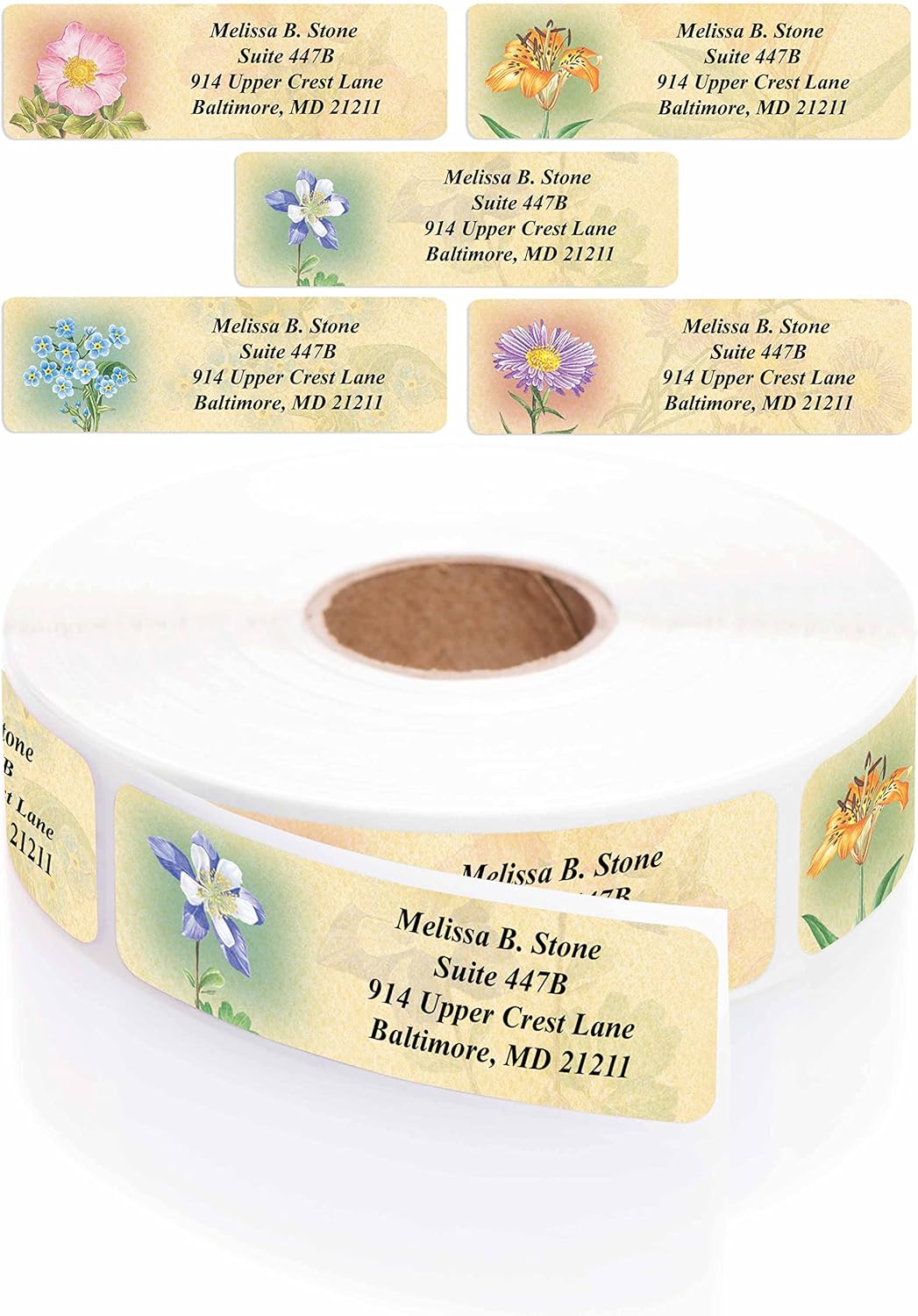 Antique Floral Designer Assorted Rolled Address Labels with Elegant Plastic Dispenser