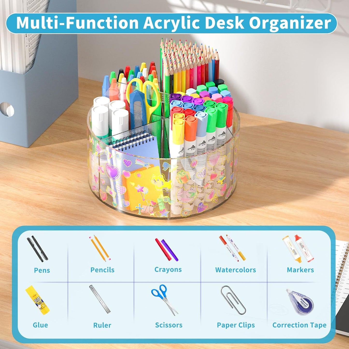 Acrylic Pen Holder with 2 Adhesive DIY Stickers, Desk Organizer Marker Holder with Cute Sticker, 360 Degree Office Supply Organizer Clear Pencil Holder Kid Art Supply Storage Organizer 6 Compartments