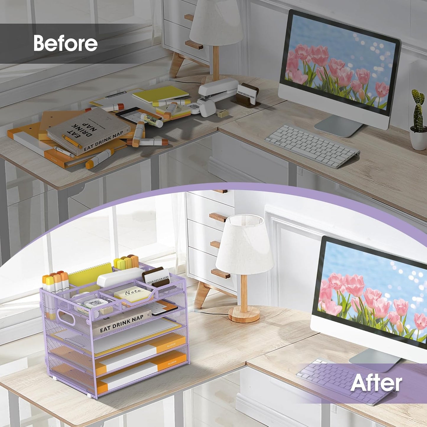 5 Tier Paper Letter Tray with 3 Drop-in Pen Holders, Mesh Desk File Organizer with Handle, Desk Organizers and Accessories for School,Home, Office Supplies Storage-Purple