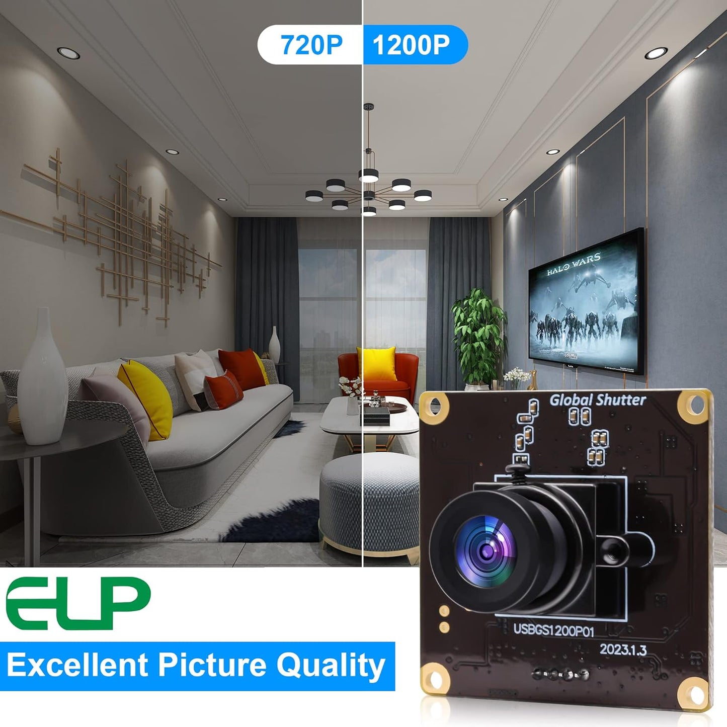 ELP High Speed Wide Angle Global Shutter USB Camera Module for Computer 1080P Mini UVC USB2.0 Webcam Board with 2.1mm Lens AR0234 High Frame 90fps Web PC Camera Board for Laptop Raspberry Pi