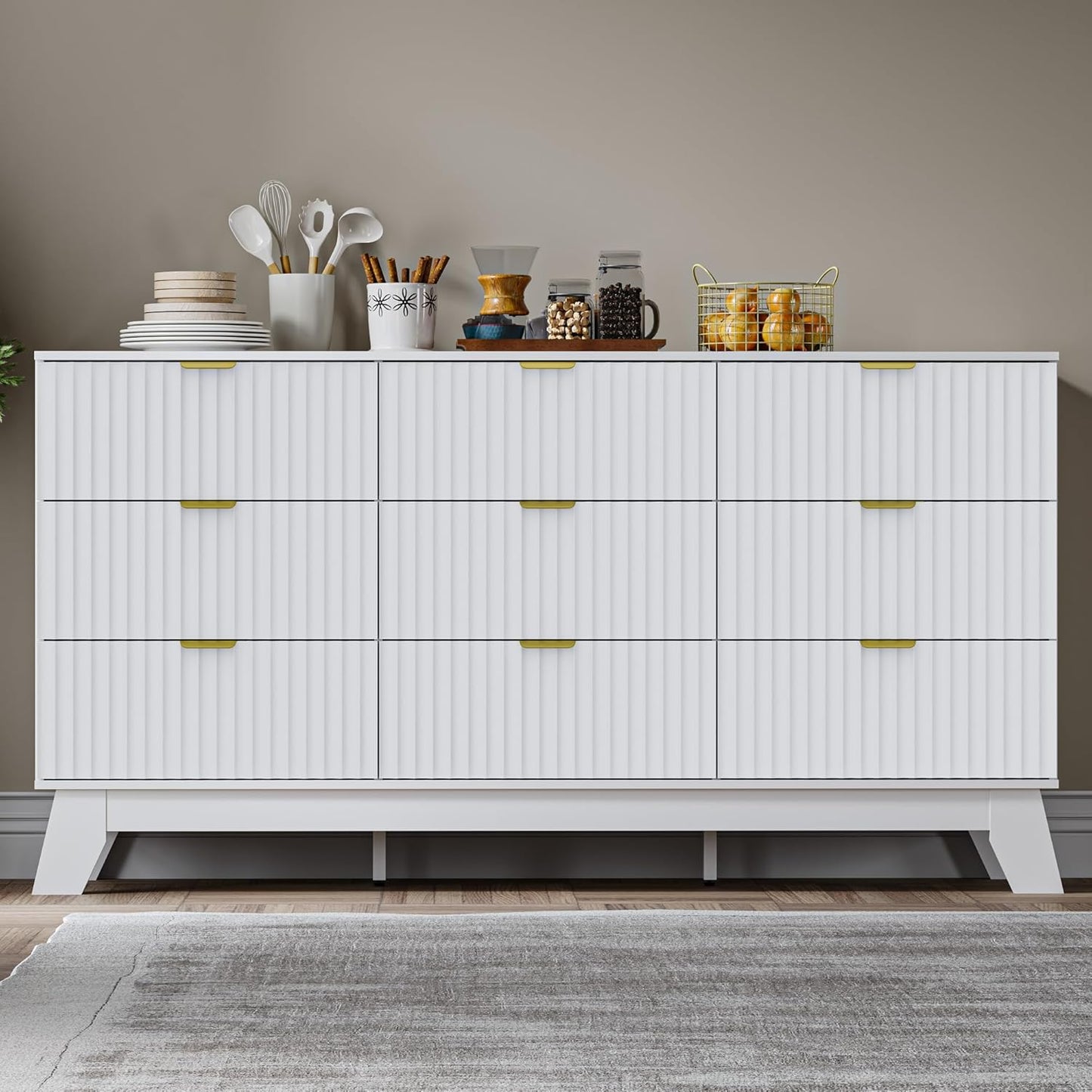 Fluted 9 Drawer Dresser, 57.1" Wide Modern Boho Chest of Drawers, Wooden Storage Dresser TV Stand for Bedroom, Living Room, Closet, Hallway, Curved Profile Design